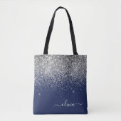 Silver Navy Blue Glitzer Giron Monogram Name Tasche (Vorderseite)