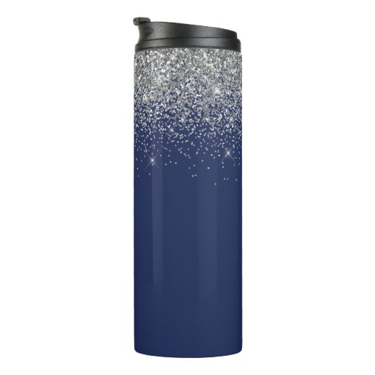 Silver Navy Blue Glitzer Giron Monogram Name Thermosbecher (Nach rechts gedreht)