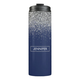 Silver Navy Blue Glitzer Giron Monogram Name Thermosbecher