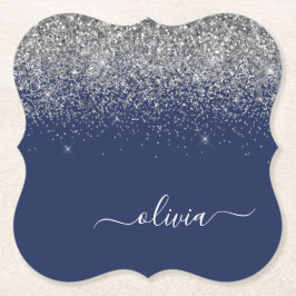 Silver Navy Blue Glitzer Giron Monogram Name Untersetzer