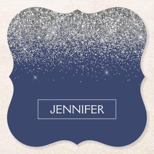 Silver Navy Blue Glitzer Giron Monogram Name Untersetzer (Vorderseite)