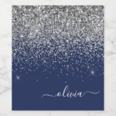 Silver Navy Blue Glitzer Giron Monogram Name Weinetikett (Einzelnes Label)