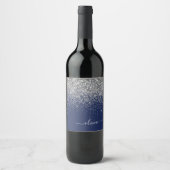 Silver Navy Blue Glitzer Giron Monogram Name Weinetikett (Vorderseite)