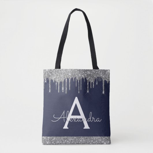 Silver Navy Blue Glitzer Spakle Elegantes Monogram Tasche (Vorderseite)