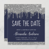 Silver Navy Blue Glitzer Sweet 16 Save the Date Einladung (Vorne/Hinten)
