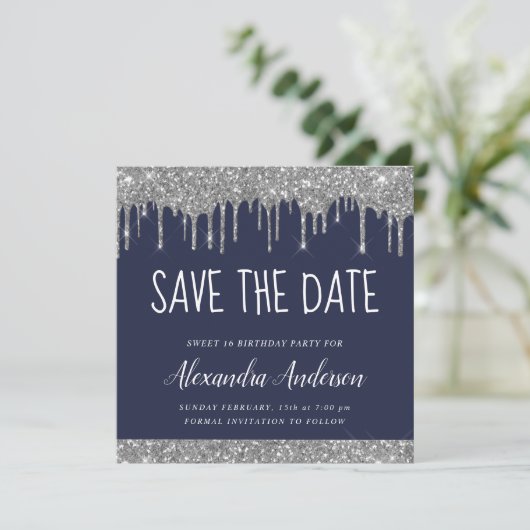 Silver Navy Blue Glitzer Sweet 16 Save the Date Einladung (Stehend Vorderseite)