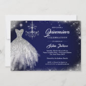 Silver Navy Blue Lace Diamond Gown Quinceanera Einladung (Rückseite)