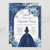 Silver Navy Blue Magical Winter Snowflake 15 Años Einladung (Vorne/Hinten)