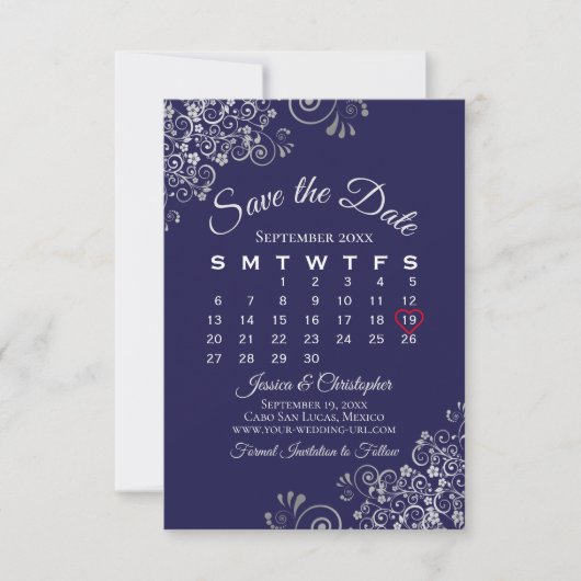 Silver & Navy Blue Simple Elegante Wedding Calenda Save The Date (Vorderseite)