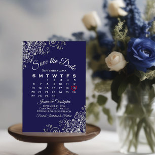 Silver & Navy Blue Simple Elegante Wedding Calenda Save The Date