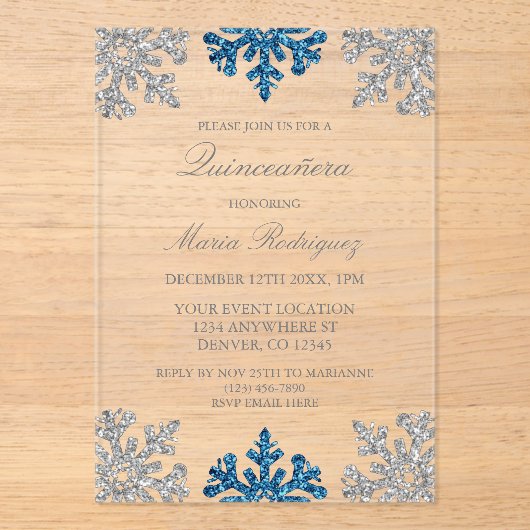 Silver Navy Blue Snowflake Winter Quinceanera Acryleinladungen (Vorderseite)