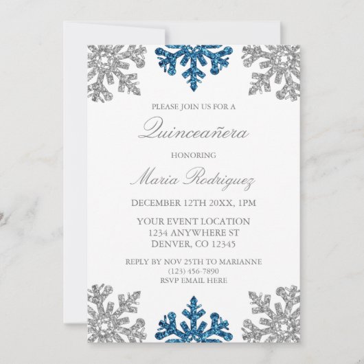 Silver Navy Blue Snowflake Winter Quinceanera Einladung (Vorderseite)