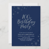 Silver & Navy Blue Sparkle 100. Geburtstagsparty Einladung (Vorderseite)