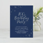 Silver & Navy Blue Sparkle 100. Geburtstagsparty Einladung (Stehend Vorderseite)