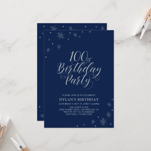 Silver & Navy Blue Sparkle 100. Geburtstagsparty Einladung (Vorderseite/Rückseite Beispiel)