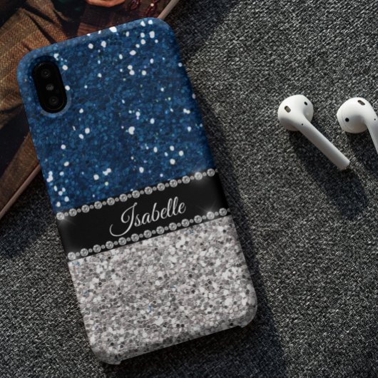 Silver Navy BLue Sparkle Glam Bling Personalisiert Case-Mate iPhone Hülle