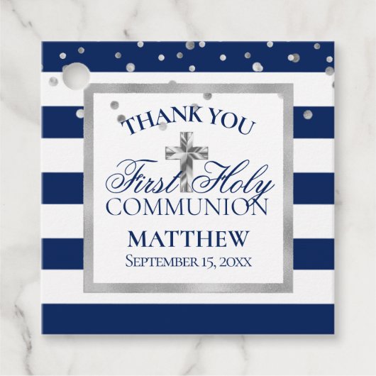 Silver Navy Blue Stripes First Heiliger Kommunion Geschenkanhänger (Vorderseite)