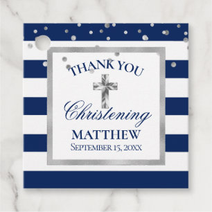 Silver Navy Blue Stripes Weihnachtsfeier Junge Geschenkanhänger