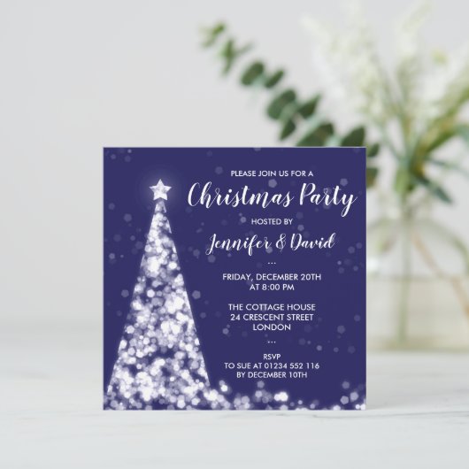 Silver & Navy Blue Weihnachtsfeier Einladung (Stehend Vorderseite)