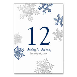 Silver Navy Blue White Snowflakes Winter Wedding Tischnummer