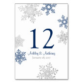 Silver Navy Blue White Snowflakes Winter Wedding Tischnummer (Rückseite)