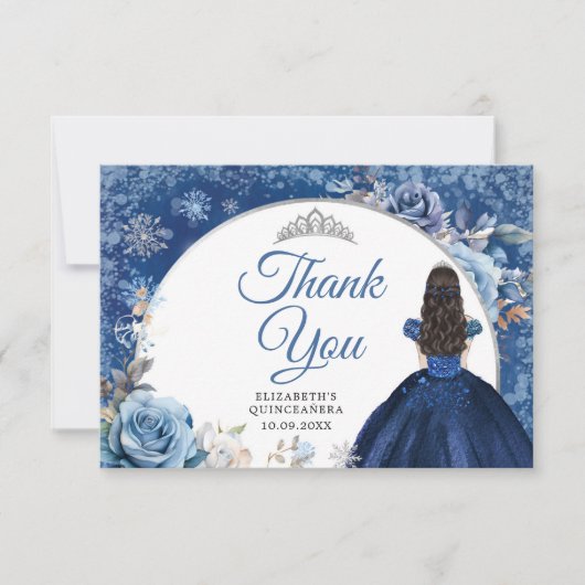 Silver Navy Blue Winter Snowflake Quinceanera Dankeskarte (Vorderseite)