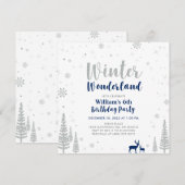 Silver & Navy Blue Winter Wunderland Junge Geburts Einladung (Vorne/Hinten)