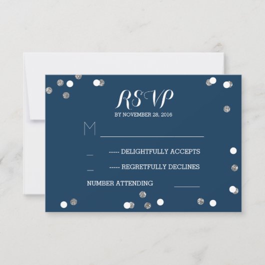Silver Navy Confetti Elegant Wedding RSVP Cards Karte (Vorderseite)