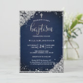 Silver Navy Diamond Lace Cross Taufen Einladung (Stehend Vorderseite)