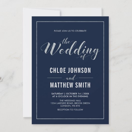Silver & Navy | Einfache Hochzeit moderner Typogra Einladung (Vorderseite)