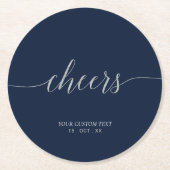Silver & Navy Elegantes Script Cheers Custom Party Runder Pappuntersetzer (Vorderseite)