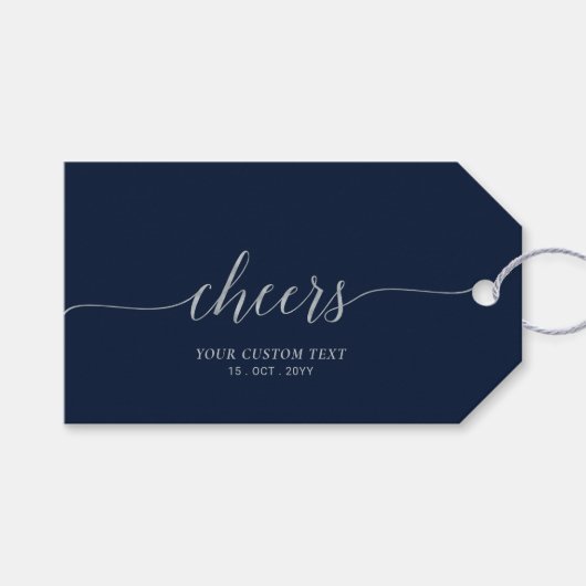 Silver & Navy Elegantes Script Cheers Event Party Geschenkanhänger (Vorderseite (Horizontal))