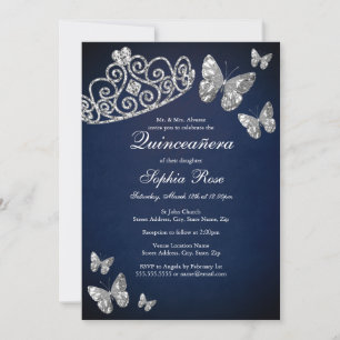 Silver Navy Jewel Tiara Butterfly Quinceanera Einladung