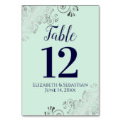 Silver, Navy & Mint Green Elegant Frilly Wedding Tischnummer (Vorderseite)