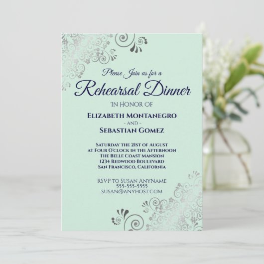Silver Navy & Mint Green Wedding Probe Dinner Einladung (Stehend Vorderseite)