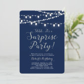 Silver & Navy | Modern Surprise Birthday Party Einladung (Stehend Vorderseite)