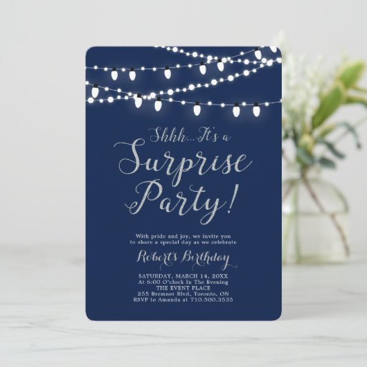 Silver & Navy | Modern Surprise Birthday Party Einladung (Stehend Vorderseite)