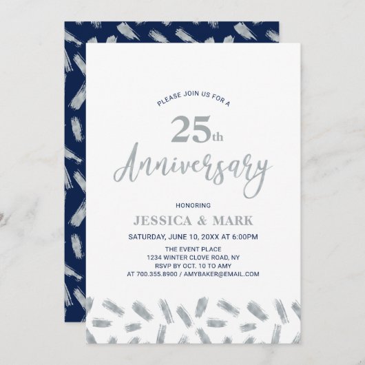 Silver & Navy | Modernes 25. Hochzeitstag Einladung (Vorne/Hinten)