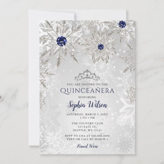 Silver Navy Snowflakes Tiara Quinceañera Einladung (Vorderseite)