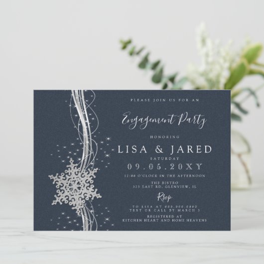 Silver Navy Snowflakes Winter Engagement Party Einladung (Stehend Vorderseite)