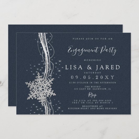 Silver Navy Snowflakes Winter Engagement Party Einladung (Vorne/Hinten)