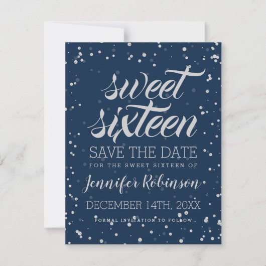 Silver Navy Sweet 16 Rett Date Sparkle Confetti Save The Date (Vorderseite)