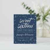 Silver Navy Sweet 16 Rett Date Sparkle Confetti Save The Date (Stehend Vorderseite)