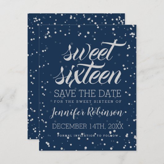 Silver Navy Sweet 16 Rett Date Sparkle Confetti Save The Date (Vorne/Hinten)