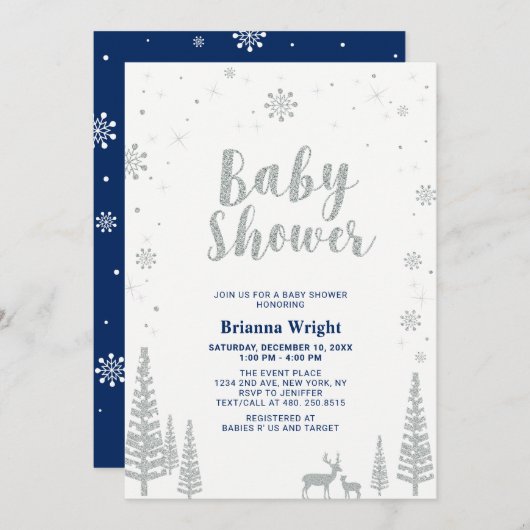Silver & Navy Winter Wonderland Boy Baby Shower Einladung (Vorne/Hinten)