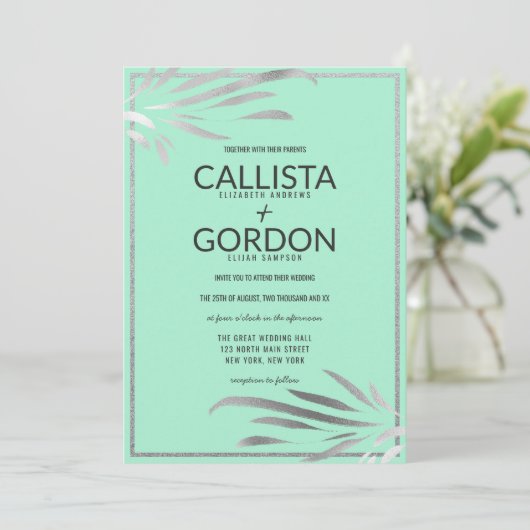 Silver Neo Mint Blätter Glitzer Border Wedding Einladung (Stehend Vorderseite)