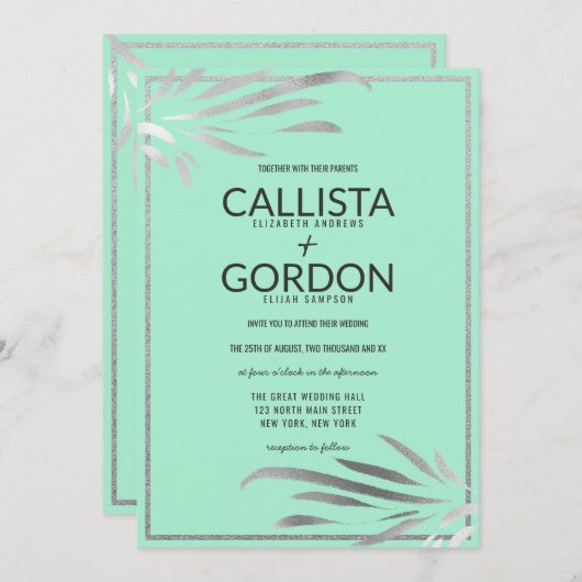 Silver Neo Mint Blätter Glitzer Border Wedding Einladung (Vorne/Hinten)