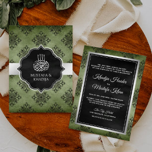 Silver Olive Green Black Damask Muslime Hochzeit Einladung