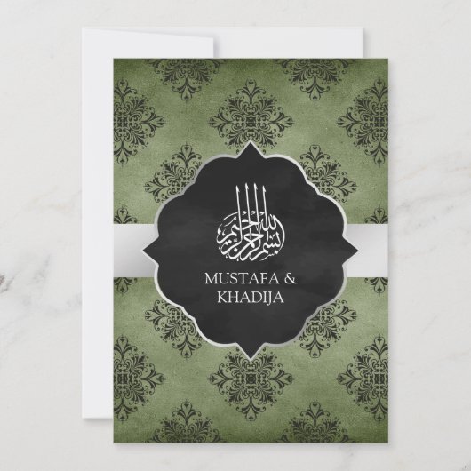 Silver Olive Green Black Damask Muslime Hochzeit Einladung (Vorderseite)