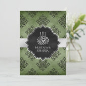 Silver Olive Green Black Damask Muslime Hochzeit Einladung (Stehend Vorderseite)